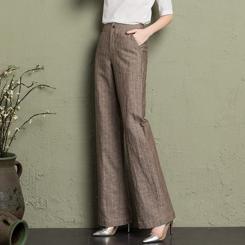 2022 Spring/Summer thin high-waisted wide-leg artistic cotton and linen pants, women's striped long pants, linen casual women's pants, large size, slimming details Picture